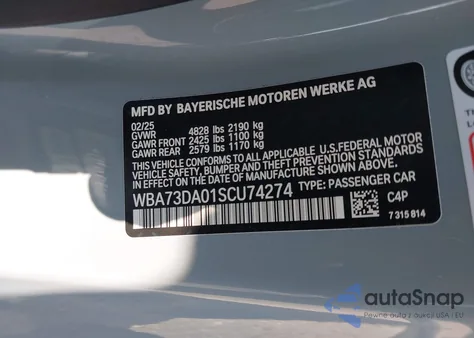 2025 BMW M440I z USA, uszkodzony, nr VIN WBA73DA01SCU74274